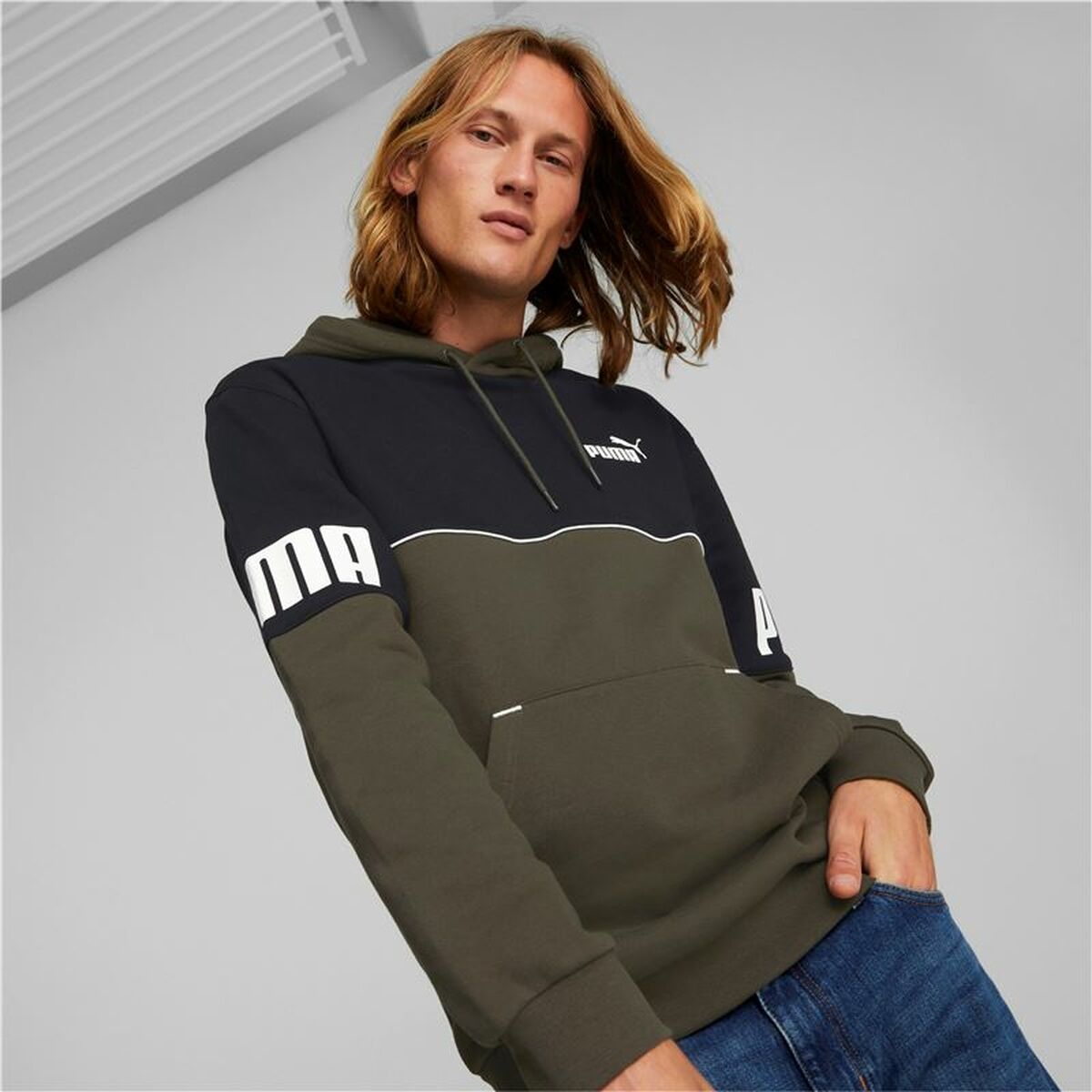 Herensweater zonder Capuchon Puma Power Colorblock Groen Zwart